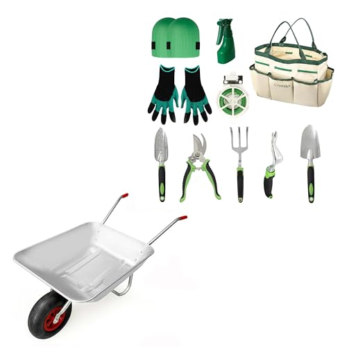 Crystals 65L Heavy Duty Galvanised Steel Wheelbarrow with Pneumatic Tyre & 11-Piece Gardening Tools Set with Tote Bag, Rust-Proof Tools, Gloves, Knee Pads – Garden Gift (Wheelbarrow + Garden Tool Set)