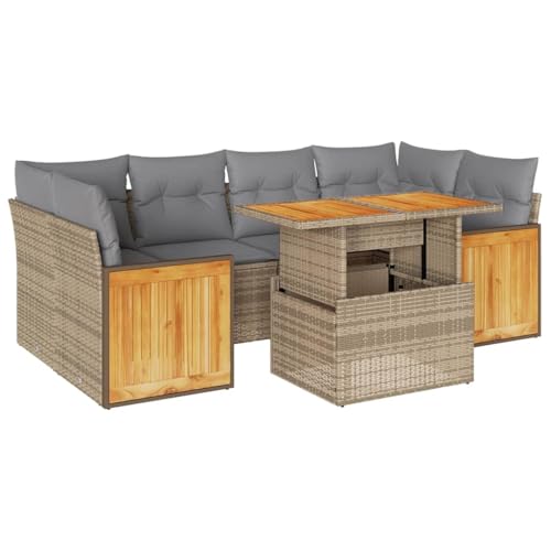 SooIarix Juego de 7 muebles de jardín de ratán de polirratán beige con acacia, juego de muebles de jardín de 7 piezas para balcón, salón y salón de jardín al aire libre con cojines y espacio de