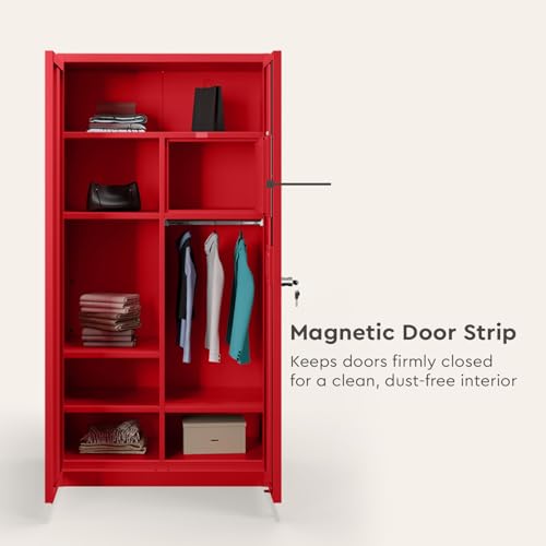 Image of Interio by Godrej Flynn NX 2-Door Steel Almirah with Mirror (Textured Carmine Red), 1-Year Warranty, 1 Locker, 5 Shelves
