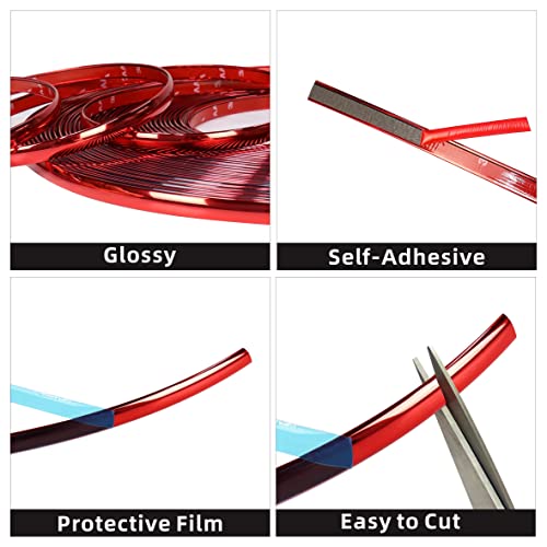 Chrome Red Car Motor Bike Self-Adhesive Exterior And Interior Molding Trim Universal Dashboard Bumper Window Door Body Side Decorative Strip Scratch-Proof (Width: 1 Inch (25Mm), 8Ft) #TOP6