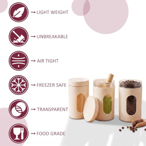 Image of Airtight Plastic Storage Container Set of 3, 700ml BPA-Free Food Grade Kitchen Jars with Transparent Window, Leakproof Canisters for Coffee, Sugar, Tea, Snacks & Dry Food (CREAM)