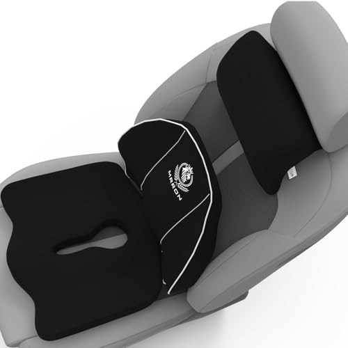 Image of MRRON Memory Foam Posture Corrector Car Seat Cushions Combo | Orthopedic Backrest, Coccyx Cushion & Neckrest | Ergonomic Lumbar Comfort Seat Cushion | Reduces Sciatica, (Black, Spine Support)