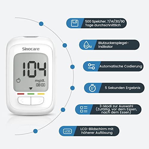 sinocare set mjerača glukoze u krvi, nadogradnja mjerača glukoze s testnim trakama 100, glucometer Glucose Monitor Starter i prilagođen starijim osobama (safe AQ pro I set mjerača glukoze u krvi 100)