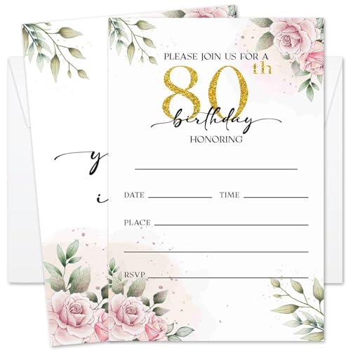 GOODBANER 80th Rose Birthday Invitation for Women, Birthday Invitation With Envelopes, 80 Years Old Birth Invites for Adult, 20 Pcs Birth Invite Cards Party Celebration Supplies /03