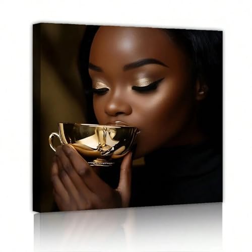 Peinture sur toile femme africaine aux éclats dorés avec cadre chic