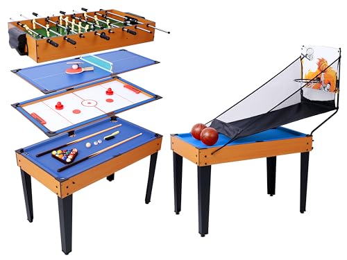 CLEAFF 48” 6-in-1 Multi-Game Table - Billiards, Air Hockey, Foosball, Basketball, Table Tennis, and Dining Table Set for Home Game Room Friends Family, Kids, Adults-Brown