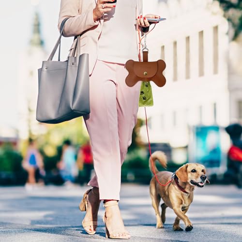 Image of Dog Poop Bag Holder for Leash, Durable Leather Dog Poop Bag Dispenser with Carabiner and Waste Bag Holder, Dog Waste Bag Holder Fits Most Doggie Poop Bags, Brown