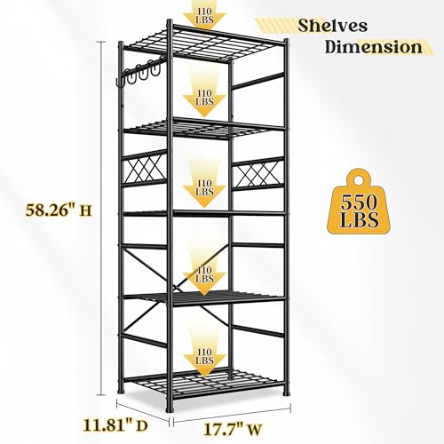 Image of DurayLoly Metal Shelving with Hooks & Side Panel for Pantry Storage, 5-Tier | More dense wire diameters, Reinforcing Ribs, Leveling Feet, easy assembly, 550LBS Heavy Duty Shelving, Kitchen Laundry Room