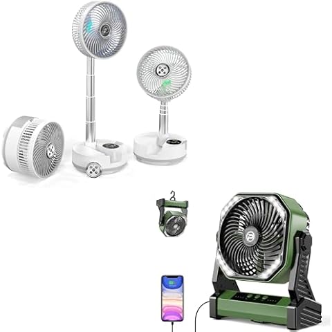 AddAcc 20000mAh Oscillating Foldable Fan with Remote & LED Light + 20000mAh Battery Operated Fan, Rechargeable Desk/Camping Fan with Light and Hook Cover