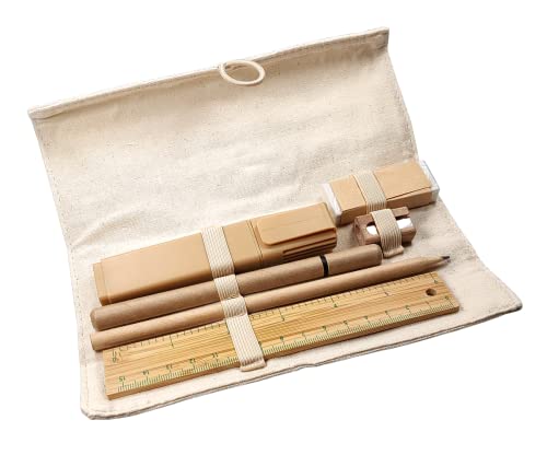 Schreibset ECO, umweltfreundliches Schreibset aus Leinen, Karton und Bambus, mit Rolletui, Schreibwaren-Set: Lineal, Bleistift, Stift, Anspitzer, Radiergummi, Textmarker, Leinen und Karton