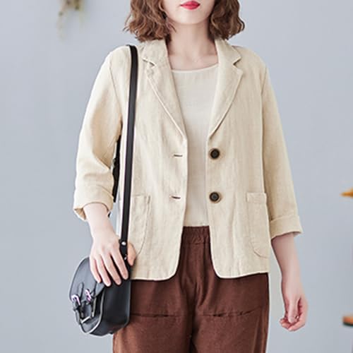 Women Casual Cotton Linen Work Blazer Coat, 3/4 Sleeve Lapel Button Business Jacket Lightweight Loose Office Blazers4