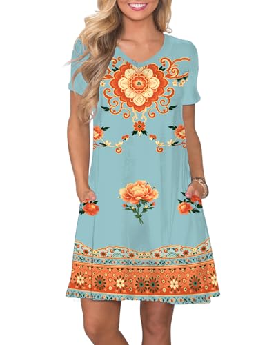 Image of COSSEN Women's Casual T Shirt Dress V-Neck Short Sleeves Swing Dresses Birthday Party Summer Travel Beach with Pocket