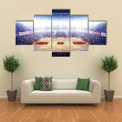 Basket-ball en Salle Impression Toile 5 Pièces Cadre Décoration Salon