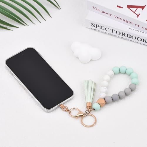 Image of BAOSIWA Silicone Key Ring Bracelet Wristlet Keychain Unique Beaded Bangle Key Chains for Women with Leather Tassel