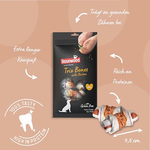 Rosewood Trio Bones Huhn Small – Feste Kauknochen mit Huhn, Kausnack aus Rinderhaut für kleine Hunde, unterstützt die Zahnpflege, ohne Getreide, ohne künstliche Zusatzstoffe, 80 g