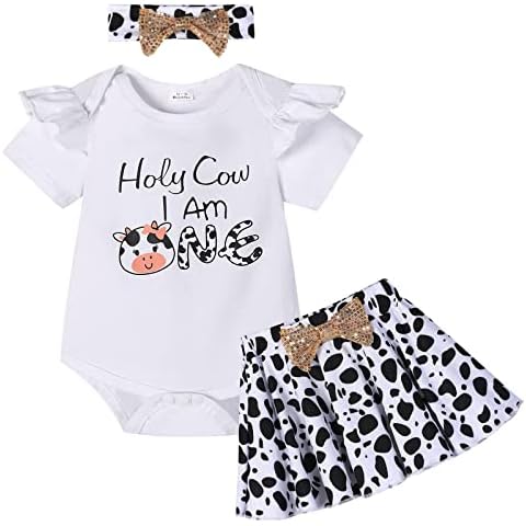 Zusnxaxe Newborn Baby Girls First Birthday Outfit Ruffles Sleeve Romper and Floral Skirt with headband Holy Cow I'm One(Short Sleeve,6-12Months) Cover