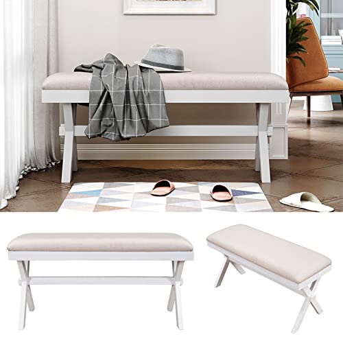 Ymlpre Linen Upholstered Ottoman Bench 37.8 Inch Contemporary End Of Bed Bench With Wood X Leg, Long Couch Bench For Entryway Dining Room Living Room Bedroom, White #TOP6