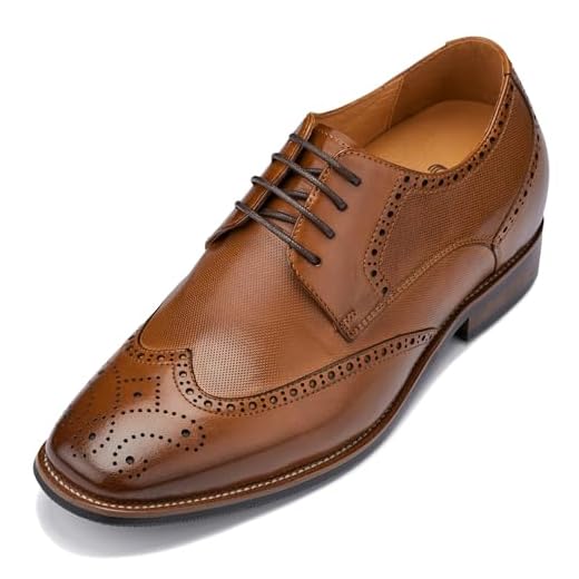 CALTO Men's Invisible Height Increasing Elevator Shoes - Brown Premium Leather Wing-tip Lace-up Formal Oxfords - 3 Inches Taller - Y10652 - Size 10 D(M) US