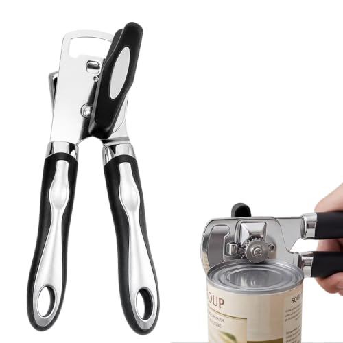 Abrelatas manual, abrelatas de cocina de acero inoxidable, resistente abridor de lata con abrebotellas, botón giratorio ergonómico y asas antideslizantes, robusto abridor de latas de mano de acero