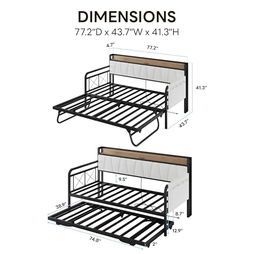 Image of LIKIMIO Twin Daybed, Day Bed with Trundle, Storage Boucle Upholstered Headboard and Charging Station, Trundle Bed with Strong Supports for Living Room, Bedroom, and Guest Room, Cream