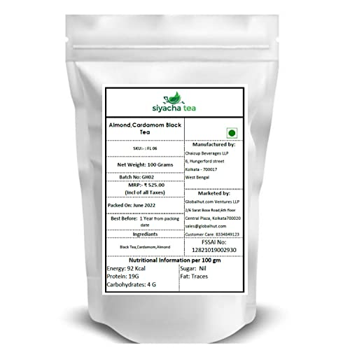 Image of Siyacha Tea Almond, Cardamom Tea (Elaichi Badam Flavour), 100 Grams, 100% Natural Ingredients Beverage, Whole Leaf Chai Patti, Healthy Blend, Makes 50 Cups