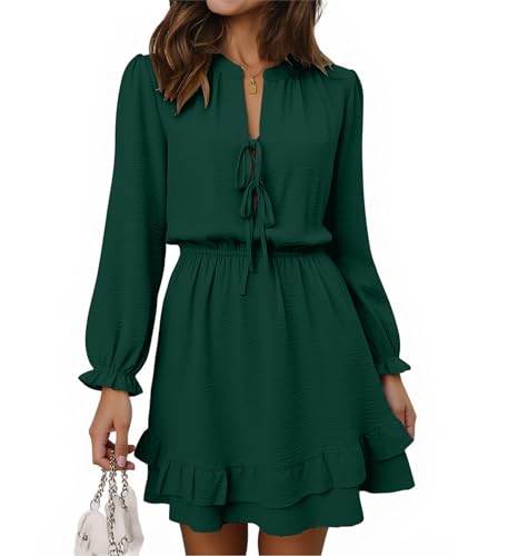 Image of Angashion Womens Tie Front Mini Dress V-Neck Ruffle Hem Summer Pockets