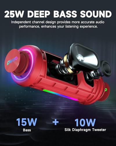 Image of OHAYO Bluetooth Speaker, Portable Wireless, IPX7 Waterproof, Powerful 25W Sound, 24H Playtime, Dual Pairing, Active Bass, Colorful Lights, Bluetooth 5.3, Outdoor Speakers for Home /Party /Beach, Red