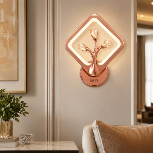 Image of Rose Gold LED Wall Light for Home Decor | 3 Color Changing Crystal Wall Lamp with Warm, Neutral & Cool White Modes | Modern Decorative Luxury Sconce for Bedroom, Living Room & Bedside