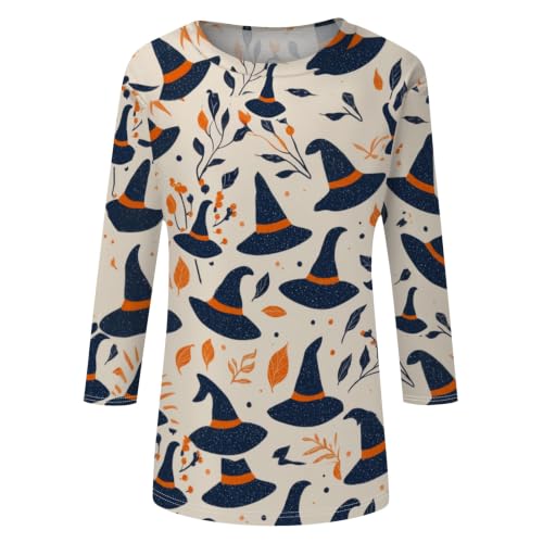 Image of Women Spooky Halloween Graphic Shirt 3 /4 Length Sleeve Crewneck Top | Halloween Funny Printed Pumpkin Plus Size Tshirts 2026 Fall Outfits Skeleton Tee Going Out Tops