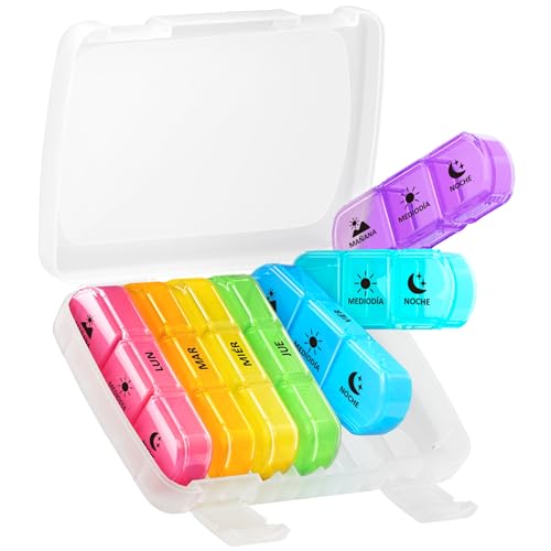 Opret Pastillero Semanal 3 Tomas Español, Pastillero Diario Grande, Dosificador de Comprimidos 7 Dias con 21 Compartimentos, Pastillero Diario de Viaje