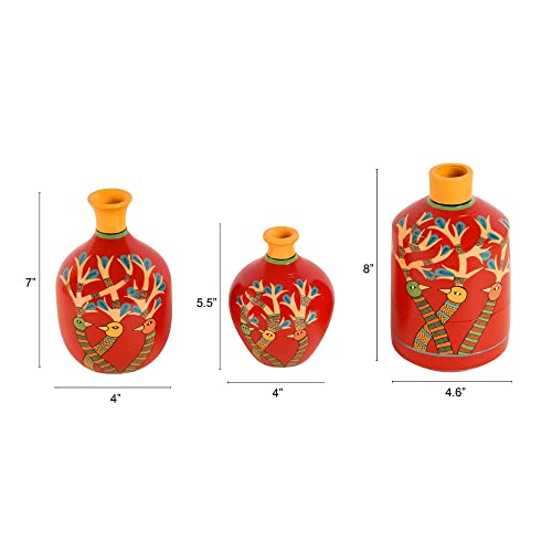 Image of Aakriti Art Creations Chirping Birds Terracotta Vase Set of 3 | Handmade Red Flower Vases | Matte Finish Floral Art Decorative Vases for Living Room, Table Decor & Gifting