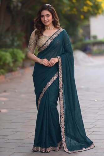 Image of Women's Designer Bollywood Soft Georgette Heavy Embroidery Sequins Work Sarees For Wedding With Blouse Piece