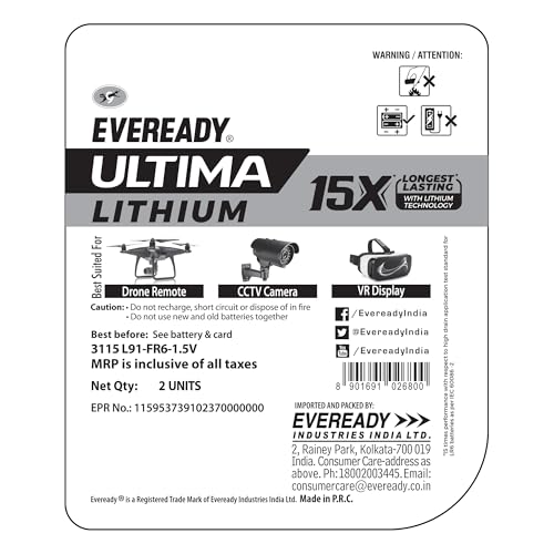 Image of EVEREADY Ultima Lithium AA Batteries - Pack of 2, 15X Longest Lasting, Anti-Leak Technology, Lightweight for High Performance Devices