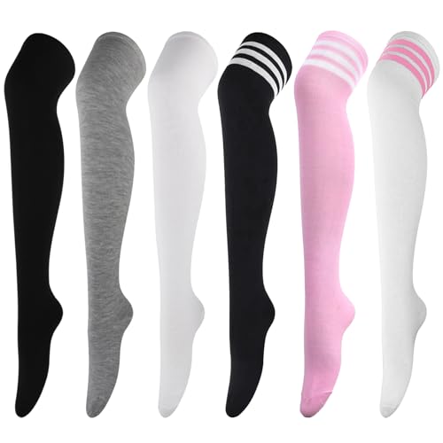 Image of AQOKKA Thigh High Socks for Women Striped Over Knee Thigh Socks Long Boot Thigh High Stockings Leg Warmers for Girls