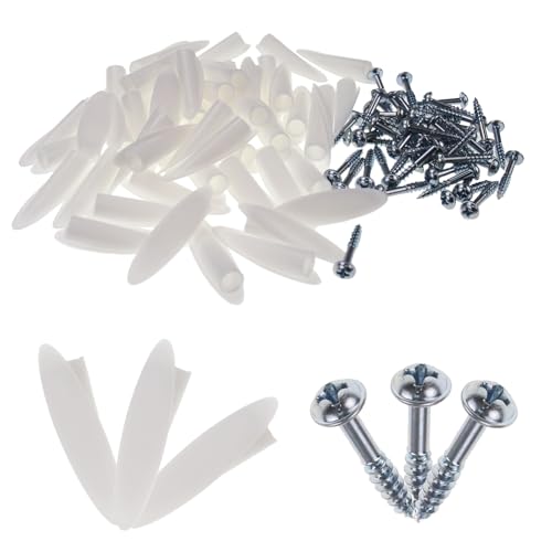 Nihfien 9mm Plastic Pocket Hole Plugs, 50 Pcs Wood Plug Slant Hole Caps with 50Pcs 0.3" Screw for Pocket Hole Jig Woodworking Tool Accessories (White)