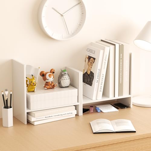Image of Desk Shelves Wood Desktop Orgnizer Shelf. Office Organization for Top of Desk Organizers and Accessories Bookshelf Shelving,Adjustable Tier H-Shape Mini Bookcase(White)