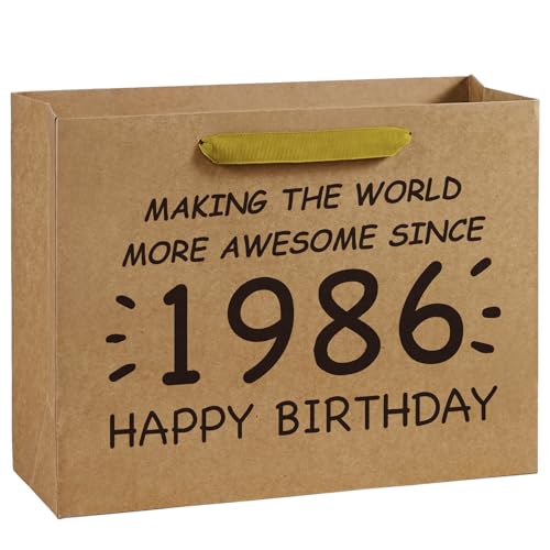 Loveinside Bolsa de regalo de papel Kraft retro grande de 13 pulgadas para 40 cumpleaños: haciendo el mundo más impresionante desde 1986, bolsas de papel para amigos, hombres, mujeres, cumpleaños