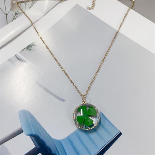 Green Four-Leaf Clover Choker Necklace For Women 14k Gold-Tone Plated Boho Dried Flower Round Glass Pendant Layered Chain Good Lucky Plant Irish St. Patrick's Day Charm Jewelry Gifts For Her Wife - Image 3