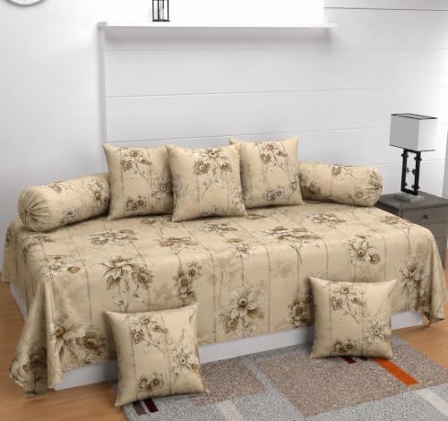 Image of Microfiber Fabric 8Pcs Diwan Blend Set of 60X90 Inch 1Bedsheet 16x16inch 5Cushion Covers 18x28 inch 2Bolster Covers (Beige Floral)