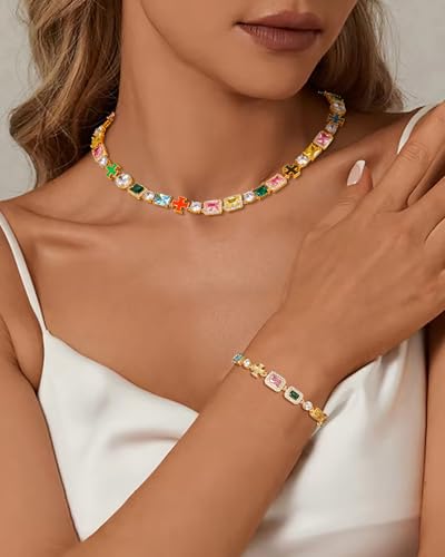 Multi Gemstone Tennis Necklaces For Women Men, 8MM, 16-24inches, 925 Sterling Silver, Cubic Zirconia, 18K Gold Plated Birthstone Necklace- Gifts For Birthday, Holidays, Anniversary, Christmas2