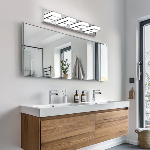Image of Modern 4 Light Long Bathroom Lamp - Chrome Stainless Steel Acrylic LED Vanity Sconces for Bedroom, Living Room, Kitchen (Cool White 6000K)