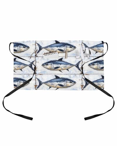 PIEPLE Coastal Fish Server Apron Waitress Aprons with 3 Pockets, Oil Painting Ocean Nautical Beach Half Waist Waiter Aprons Restaurant Chef Aprons for Women Men