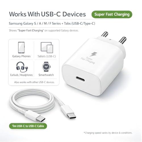 Image of Samsung 25W PD 3.0 Type C Fast Charging Adapter (PPS) for Galaxy M17|M07|M36|M06|M35|A56|A55, A37|A35|A06|F06|F16|F36|S25 FE|S25 Plus|S24|S23|S22|Tab S10 Ultra|Tab S10+ | 25W Quick Charger, White