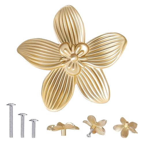 CEYMIO 8 Pack 2.4 Inch Brushed Gold Flower Cabinet Knobs Vintage Floral Drawer Pulls Decorative Dresser Handles for Furniture Vanity Closet Bathroom Unique Antique Hardware