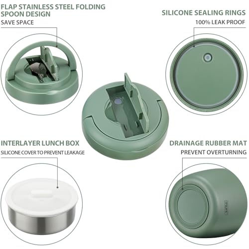 Image of Itslife 32oz Insulated Soup Thermo, Vacuum Stainless Steel Food Jar for Hot & Cold Food, Leakproof Wide Mouth Lunch Container with Spoon, Green