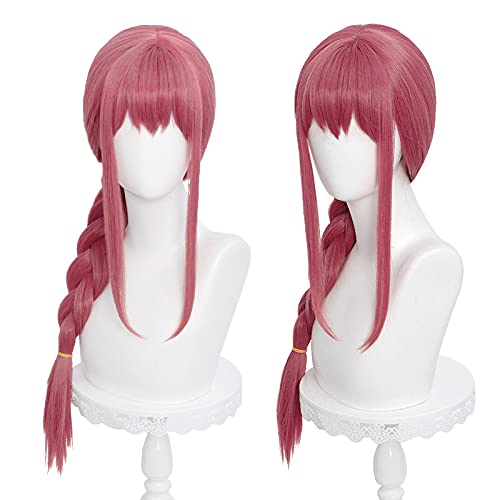 Long Pink Braids Wig for Makima Cosplay Anime Braided Wig with Bangs for Chainsaw Man Halloween Party Hair Wig + Free Cap