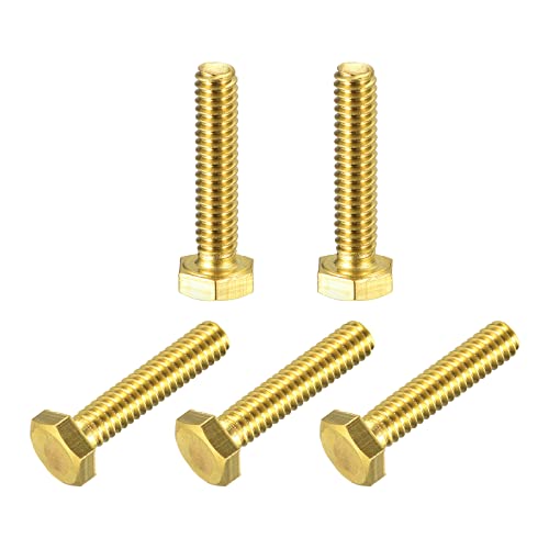 Image of uxcell Brass Hex Bolts, 1 /4-20x1-1 /4 5pcs Fully Thread Grade 4.8 Solid Brass Hexagon Head Bolt Machine Screws for Machinery