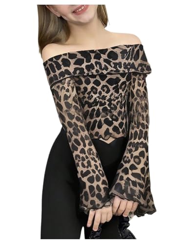 Floerns Girl's Cheetah Print Off Shoulder T Shirts Flounce Long Sleeve Tee Tops