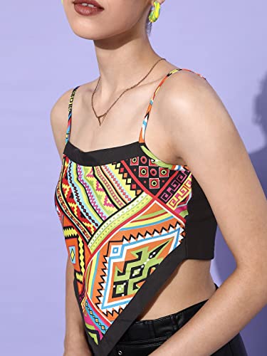 Image of Style Quotient Yellow Green Geometric Print Crepe Scarf Crop Top