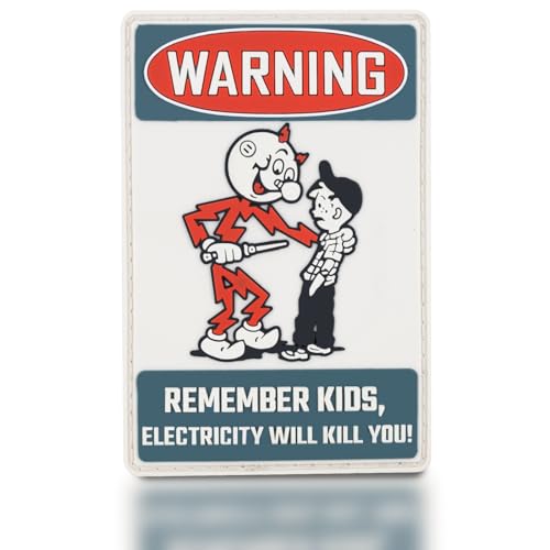 backtime Remember Kids Electricity Will Kill You Morale Patch PVC, Reddy Kilowatt Warning Tactical Patch with Hook & Loop Fastener, Funny 3D Rubber Humor Patch for Backpacks, Bag, Jacket, Vest, Helmet